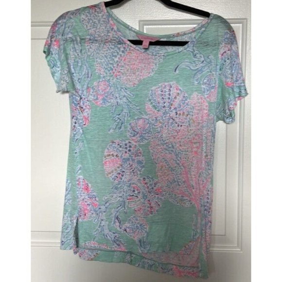 Lilly Pulitzer Top Size XS Mikela Minty Fresh Fansea Print 100% Linen Excellent - Picture 2 of 9